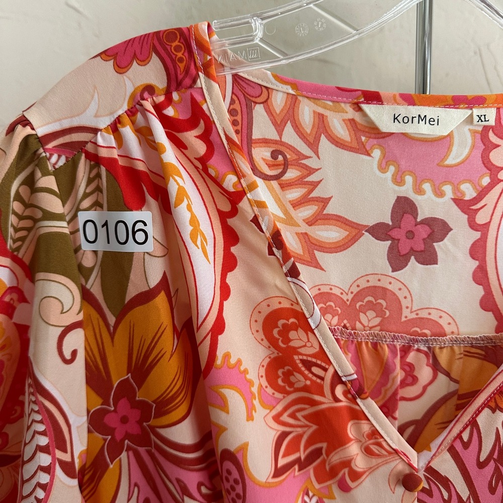 KorMei Pink Orange Floral Paisley Smocked Waist Boho Maxi Dress Womens XL V-Neck - Picture 8 of 8
